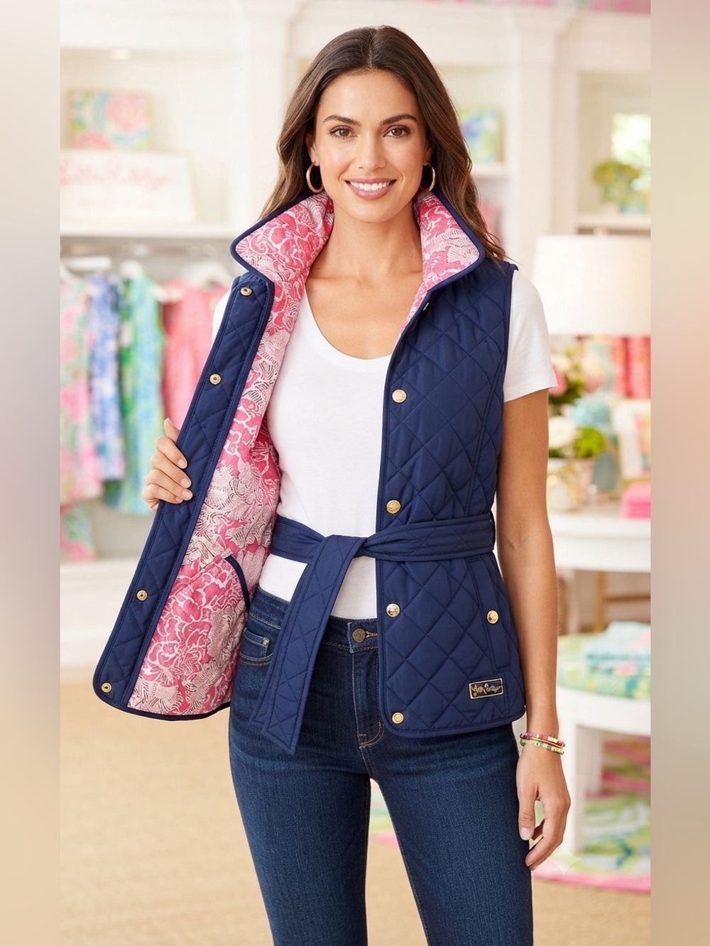 Lilly Pulitzer Reversible Quilted Navy/Pink Floral Vest, Size Medium